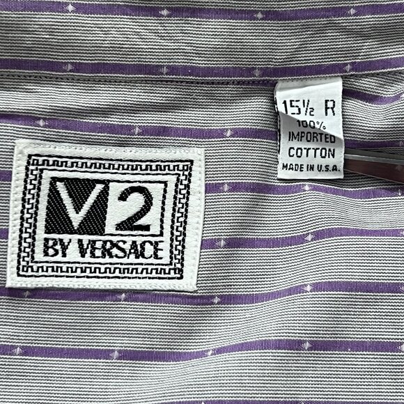 V2 by Versace Men's Buttoned-down Shirt, 15.5 R, Preppy, Gray/Purple Stripes - Picture 4 of 7